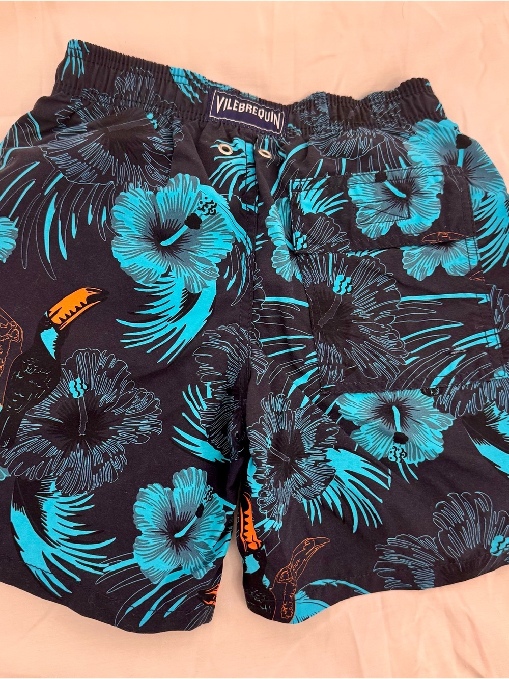 Vilebrequin Black Swim Shorts with Bright Turquoise Hibiscus